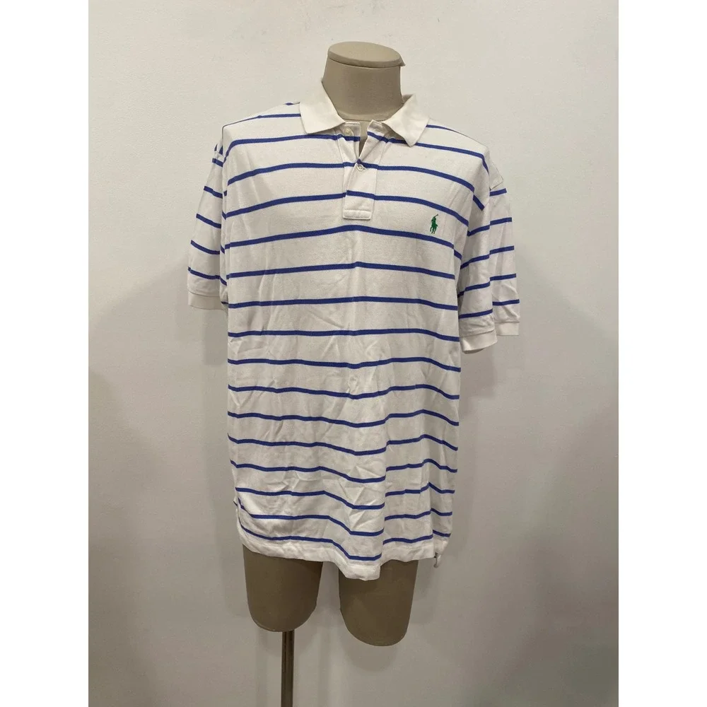 Polo Shirt Ralph Lauren Polo Mens XXL White Blue Striped Top Short Sleeve Cotton